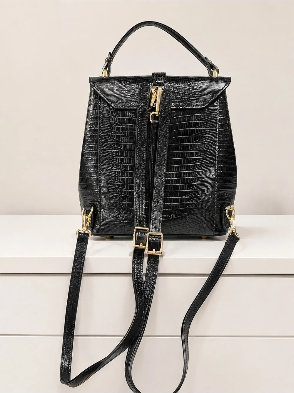 Croc-Embossed Black Top Handle Backpack